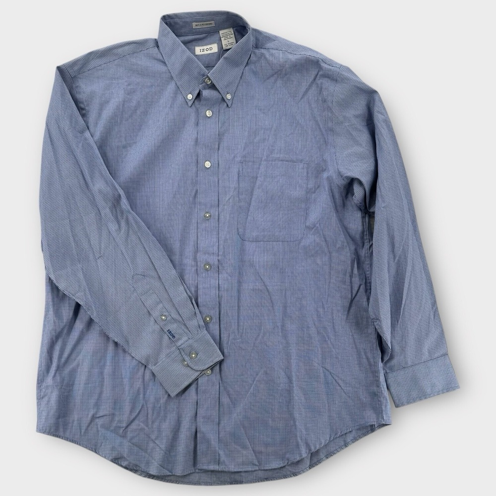 IZOD Sutton Mens Large Blue Plaid 80s 2 Ply Cotton Oxford Dress Shirt NWT